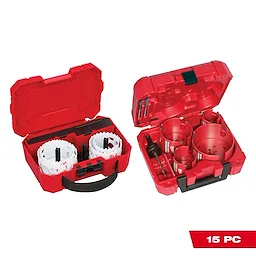 Hole Dozer Bi-Metal Hole Saw Kit with BIG HAWG Carbide Hole Saw Kit (15-Piece) in red plastic cases, displaying saw blades and accessories.