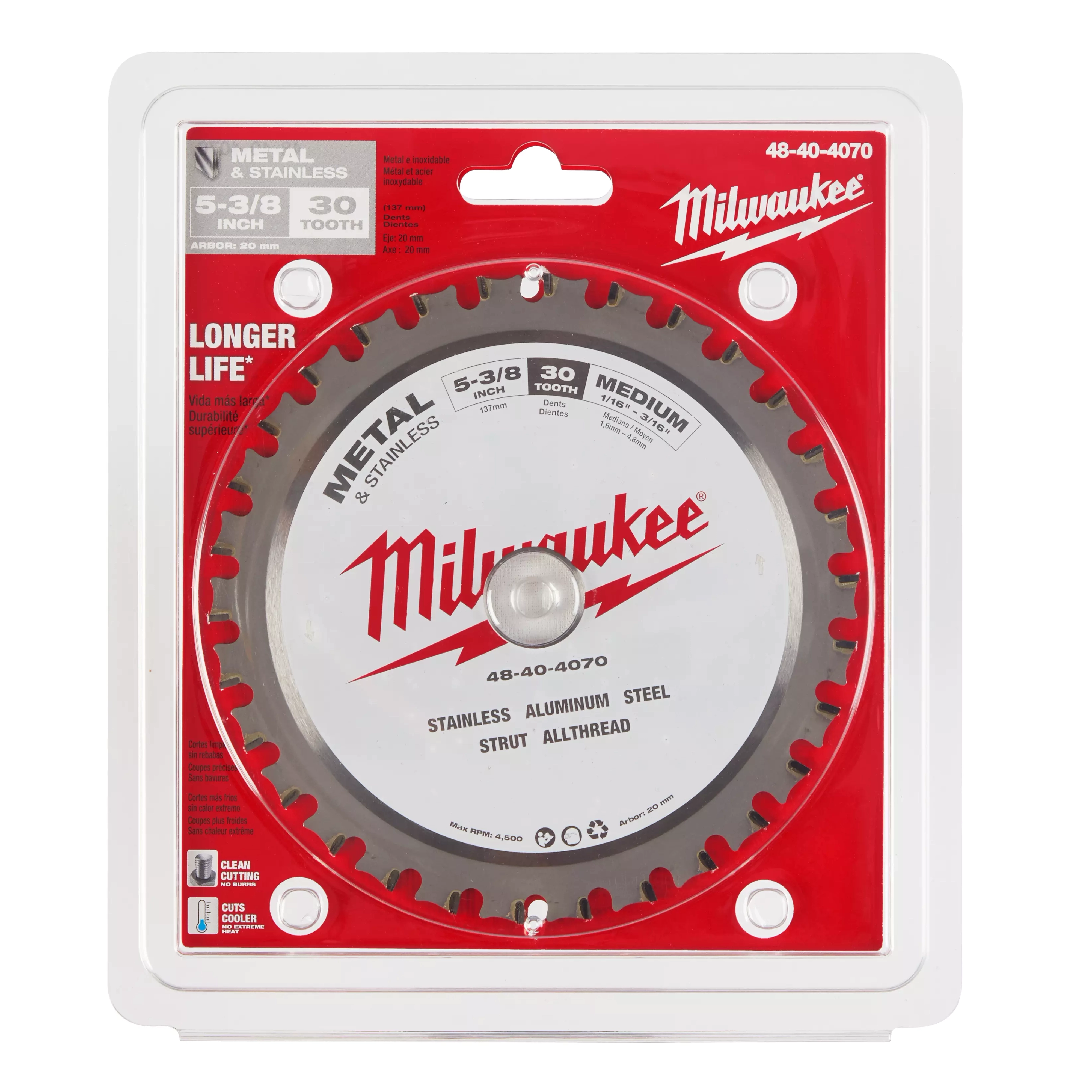 Circular saw blade by Milwaukee for cutting metal and stainless steel, 5-3/8 inch diameter with 30 teeth, in red packaging.