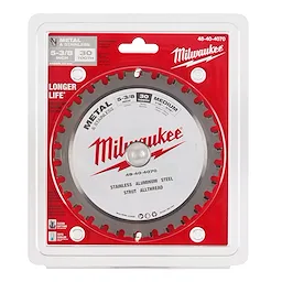 Circular saw blade by Milwaukee for cutting metal and stainless steel, 5-3/8 inch diameter with 30 teeth, in red packaging.