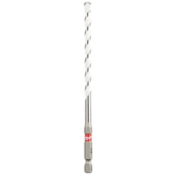 Quarter-inch by four-inch by six-inch SHOCKWAVE Impact Duty Carbide Multi-Material Drill Bit with silver body and red label.