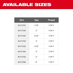 Diamond Ultra Dry Core Bit sizes chart listing SKU, size from 1-1/4" to 6", and thread type 1-1/4"-7 for each size available.