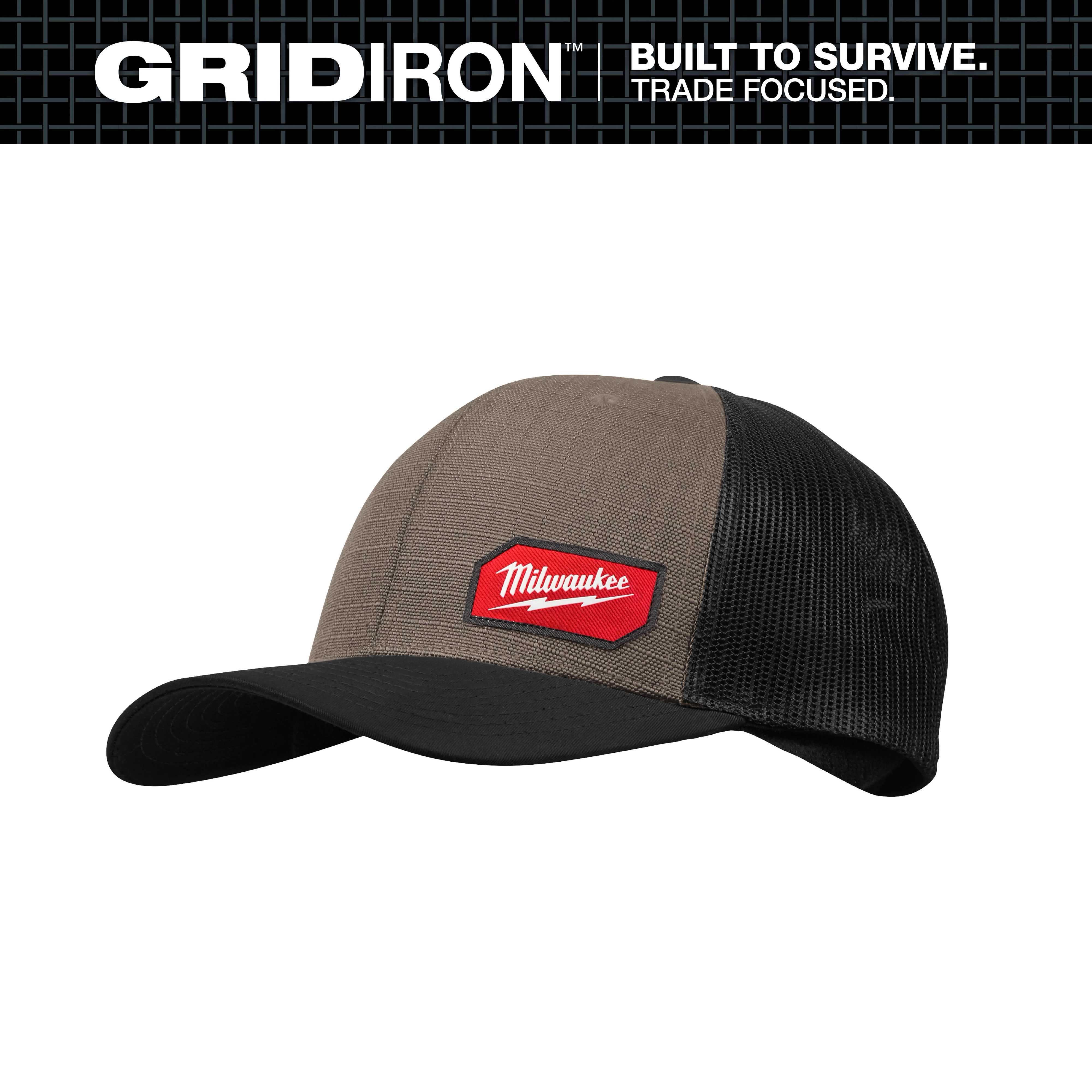 GRIDIRON Snapback Trucker Hat with curved bill and mesh back panel on a plain white background.