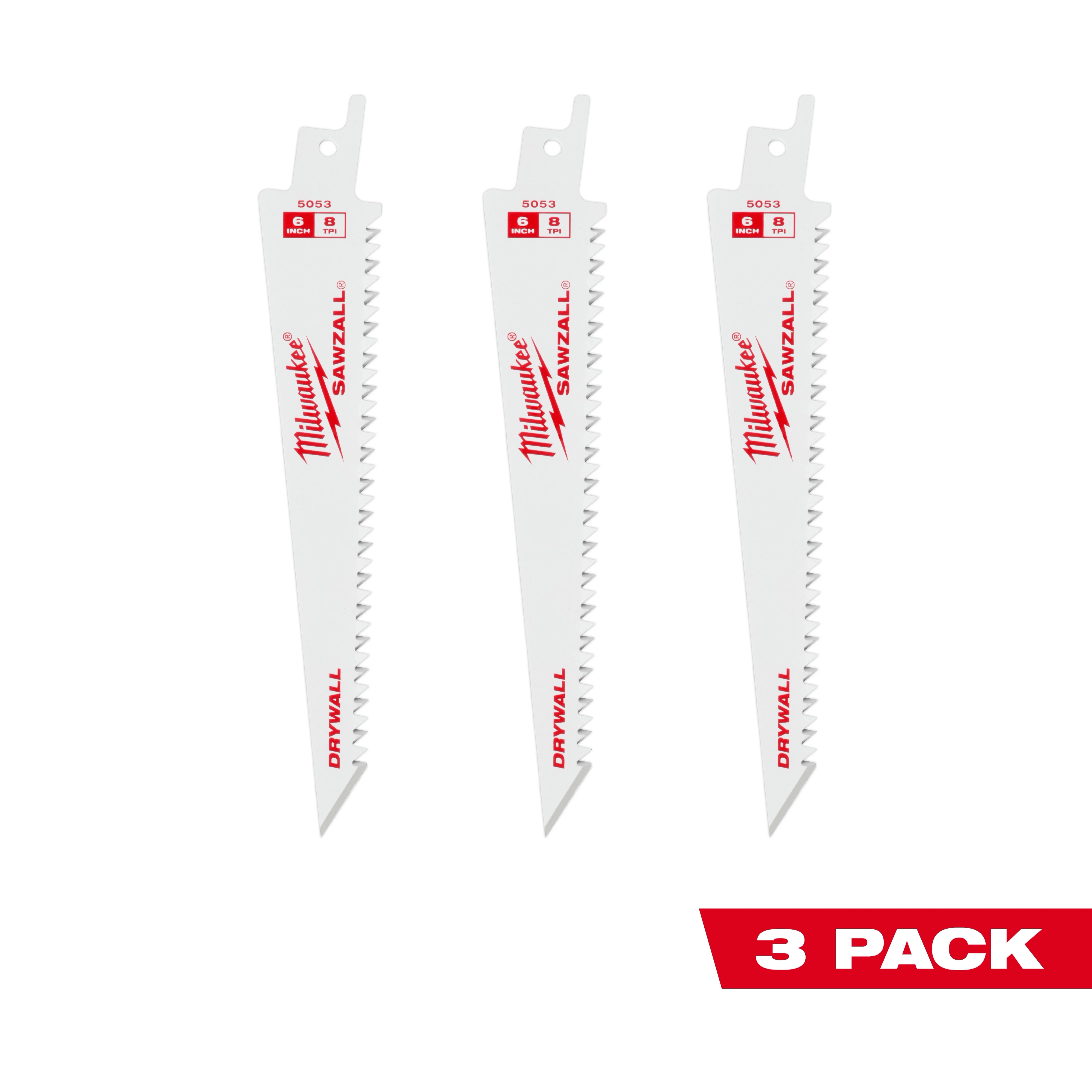 Three 6-inch drywall sawzall blades by Milwaukee, shown in a vertical arrangement. A red banner at the bottom right reads "3 Pack".