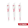 Three 6-inch drywall sawzall blades by Milwaukee, shown in a vertical arrangement. A red banner at the bottom right reads "3 Pack".