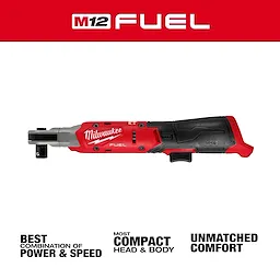 The image depicts the Milwaukee M12 FUEL™ 1/2" Ratchet, highlighting its compact design, best combination of power and speed, and unmatched comfort. The tool features a red and black body with branding and fuel indicators visible.