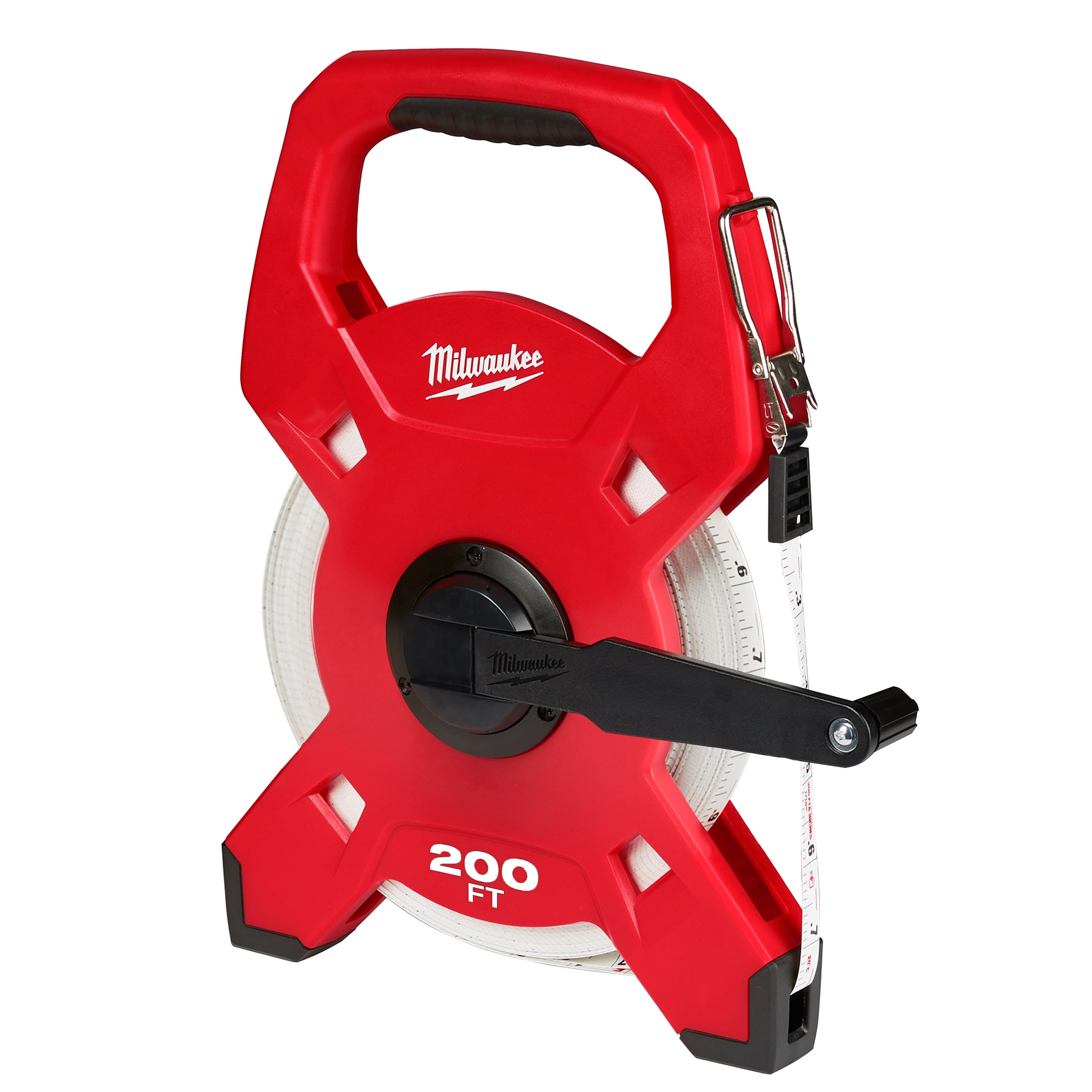 Red 200ft Fiberglass Long Tape with a retractable handle and durable case featuring a metal clip for easy attachment.