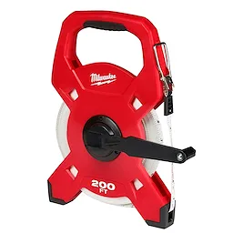 Red 200ft Fiberglass Long Tape with a retractable handle and durable case featuring a metal clip for easy attachment.