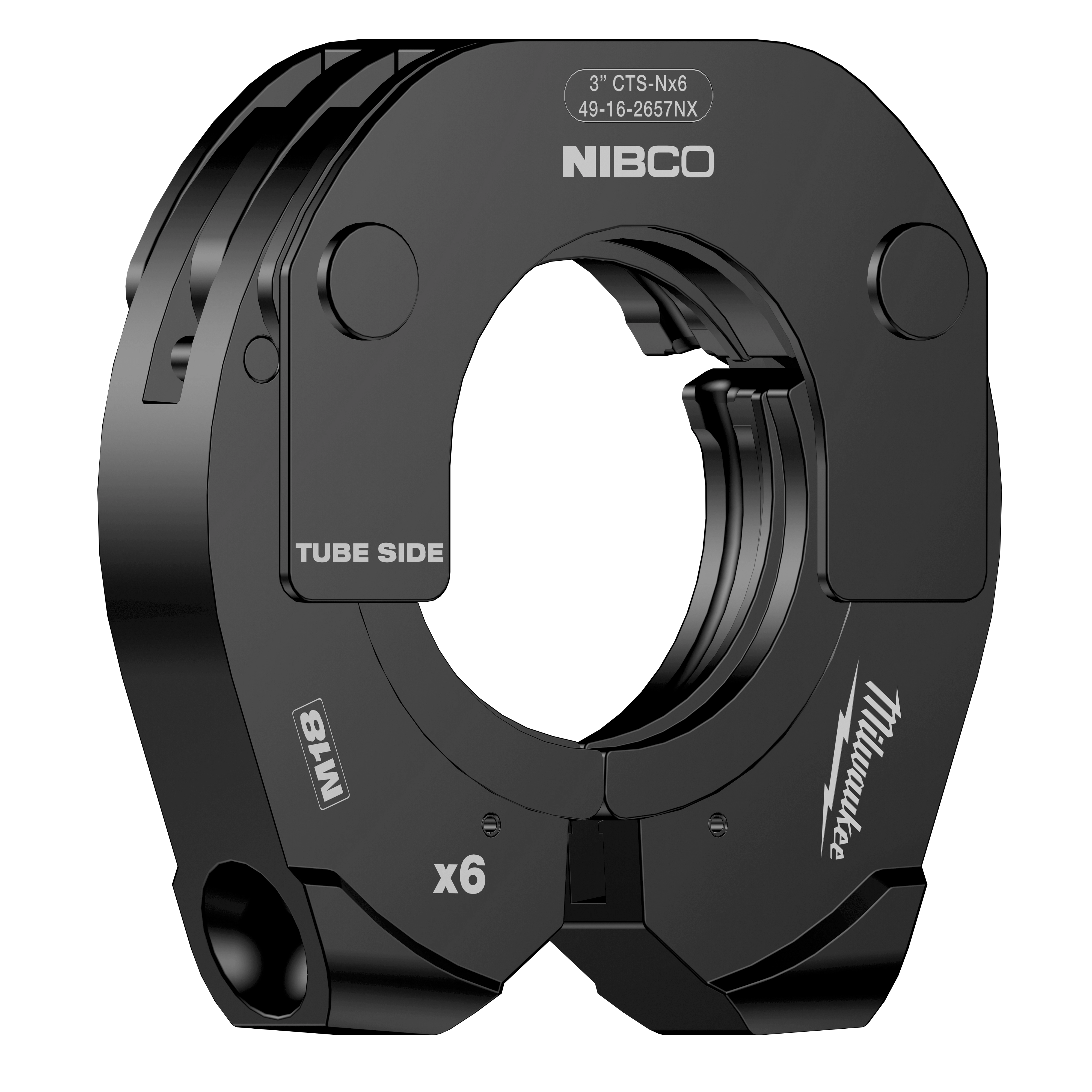 The product is a 3" NIBCO Press Ring designed for use with the M18 FORCE LOGIC Long Throw Press Tool, shown in black with labeling.