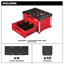PACKOUT 2-Drawer Tool Box includes four large dividers and twelve small dividers. The tool box is red with a black lid.