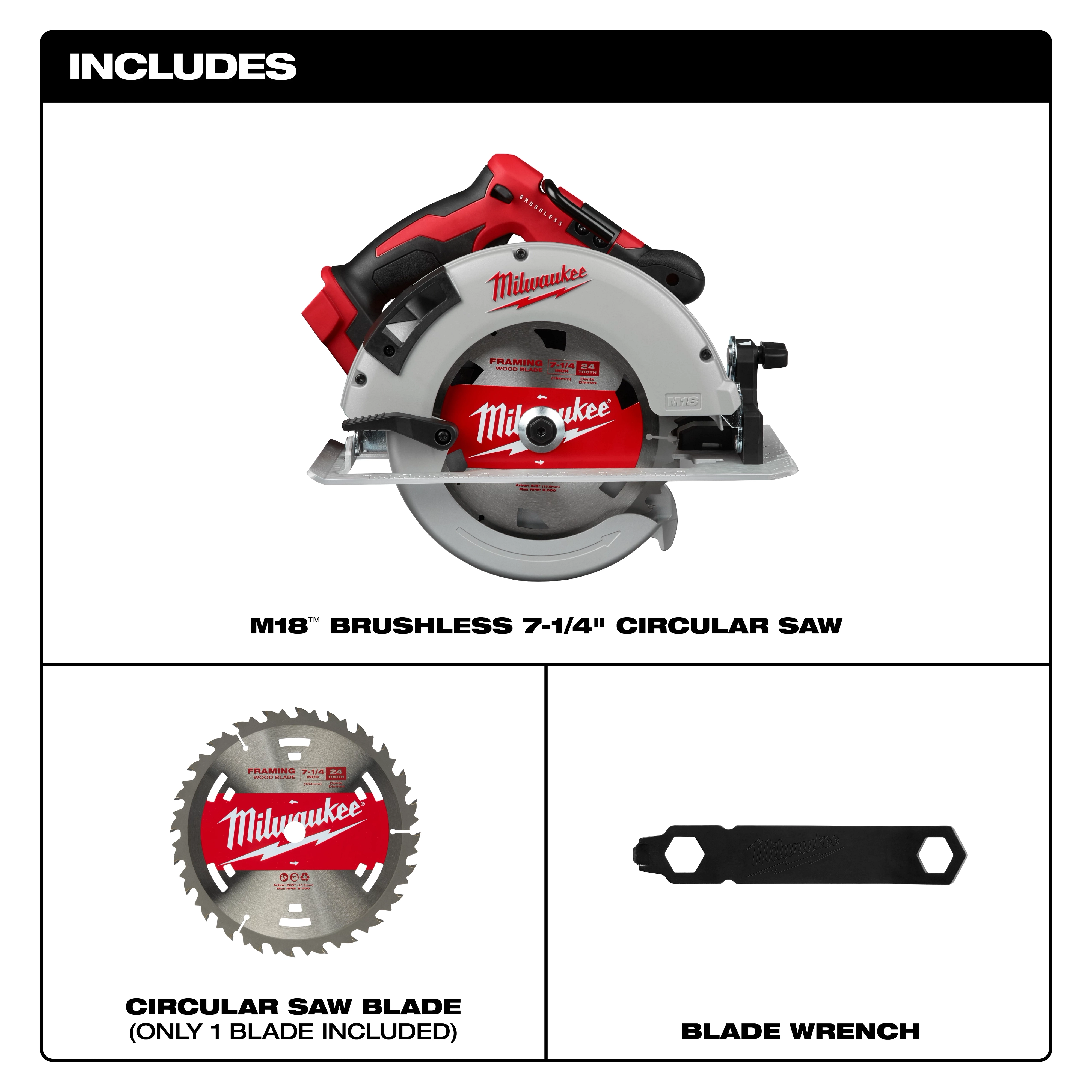 The image displays the Milwaukee M18™ Brushless 7-1/4" Circular Saw kit, including one circular saw blade and a blade wrench. The saw features a red and black design with the Milwaukee branding visible. The included blade and wrench are shown individually in the lower part of the image.