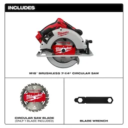 The image displays the Milwaukee M18™ Brushless 7-1/4" Circular Saw kit, including one circular saw blade and a blade wrench. The saw features a red and black design with the Milwaukee branding visible. The included blade and wrench are shown individually in the lower part of the image.