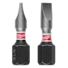 The image shows two Milwaukee SHOCKWAVE™ 1" Impact Duty Slotted 3/16" Insert Bits (2 PK). The bits have a black base with hexagonal design and a metallic slotted tip, marked with the brand name "Milwaukee" and size "3/16" on the side.