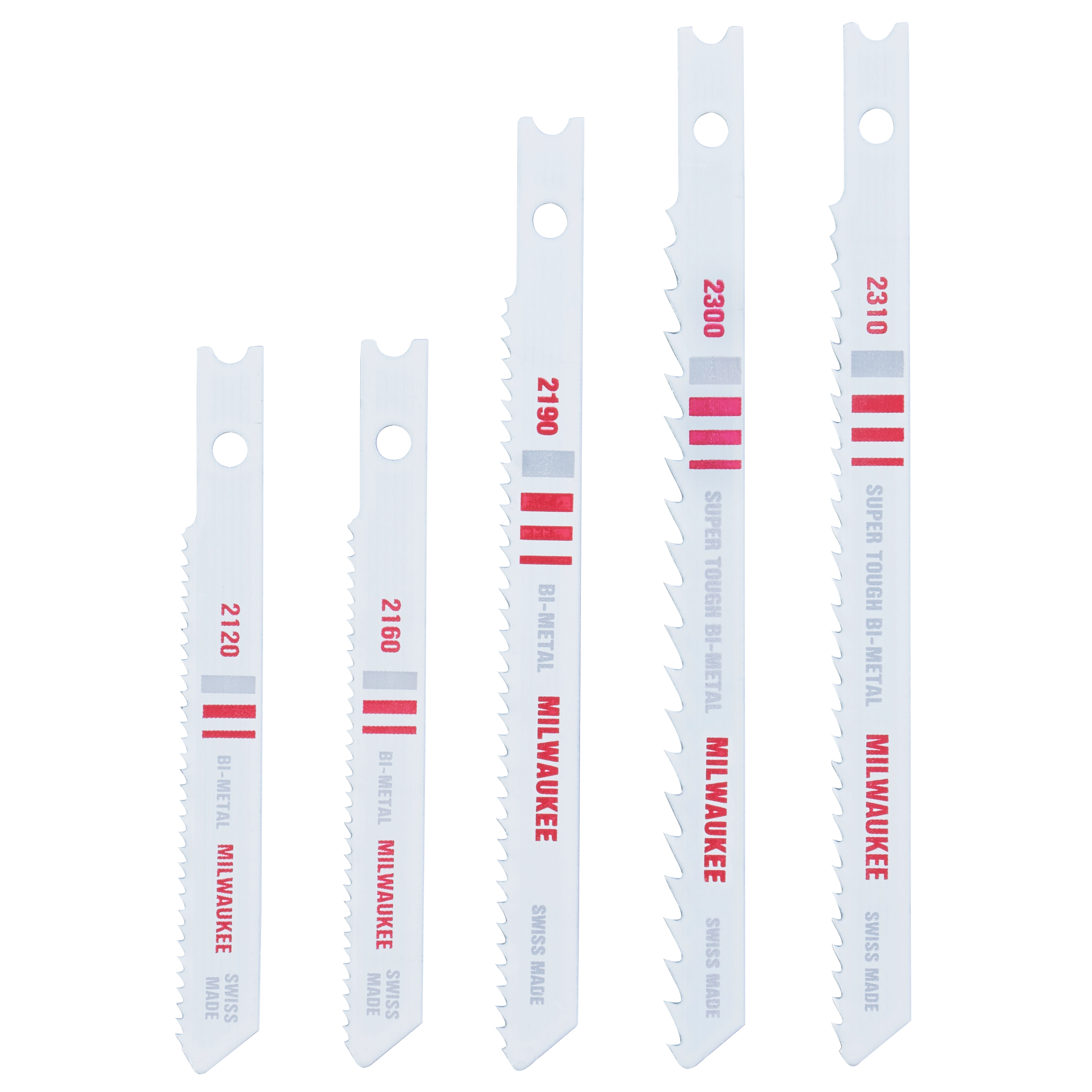 5PC Wood and Metal Cutting U Shank Jig Saw Blade Set includes five silver jig saw blades of varying lengths labeled 2120, 2160, 2190, 2300, and 2310.