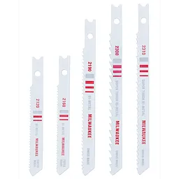 5PC Wood and Metal Cutting U Shank Jig Saw Blade Set includes five silver jig saw blades of varying lengths labeled 2120, 2160, 2190, 2300, and 2310.