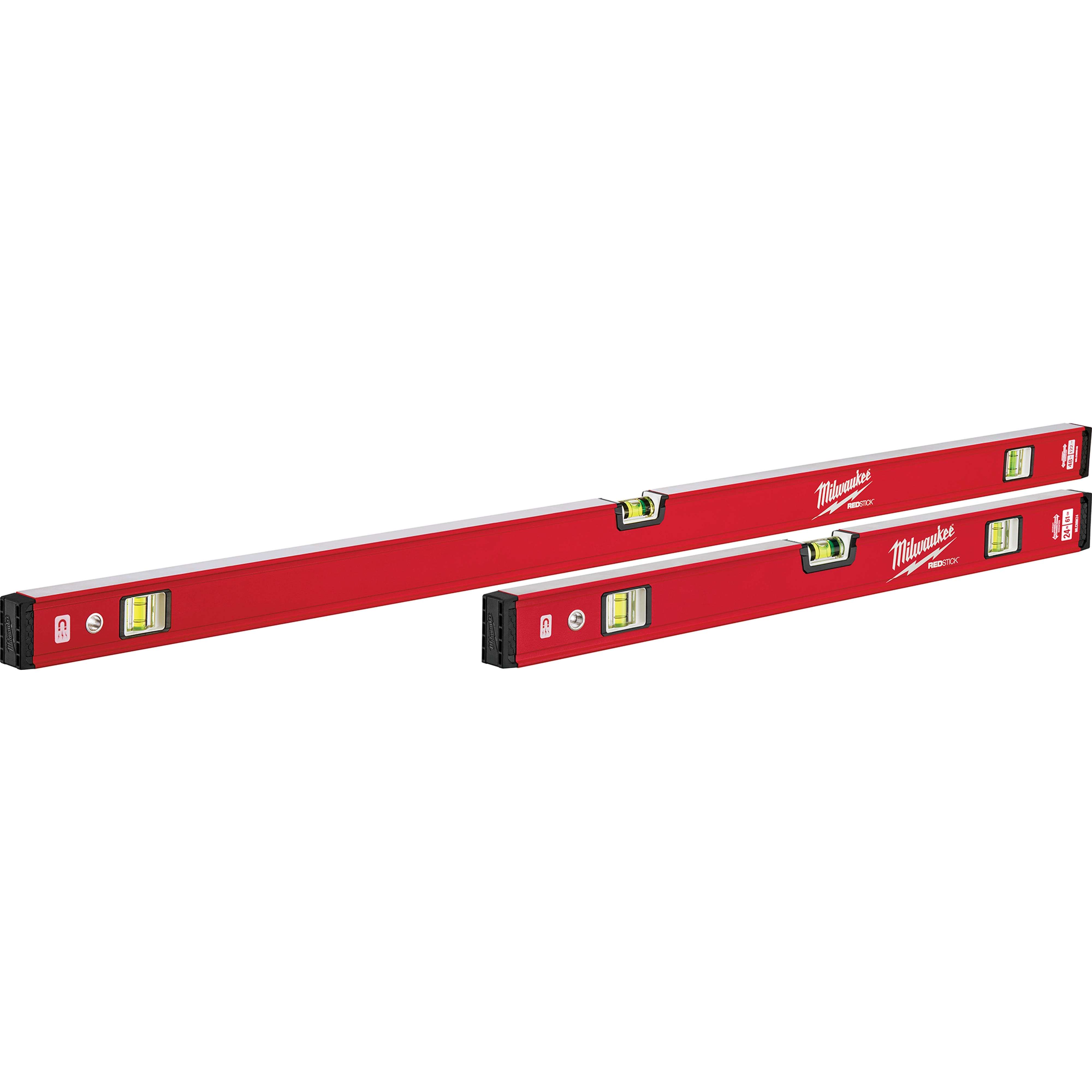 Two red and black REDSTICK Levels with bubble vials for accurate measurements, featuring three vials each.