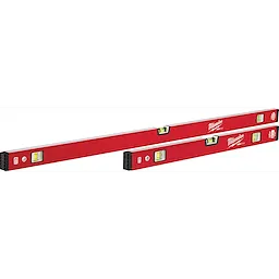 Two red and black REDSTICK Levels with bubble vials for accurate measurements, featuring three vials each.