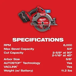 Milwaukee M18 FUEL™ 7-1/4" Circular Saw w/ ONE-KEY™ features 6,000 RPM, 53° max bevel capacity, 2-5/8" cut at 90°, 2-1/16" at 45°, 5/8" arbor size, AUTOSTOP™ and VACLINK™ technologies, weighing 11.2 lbs with the battery.