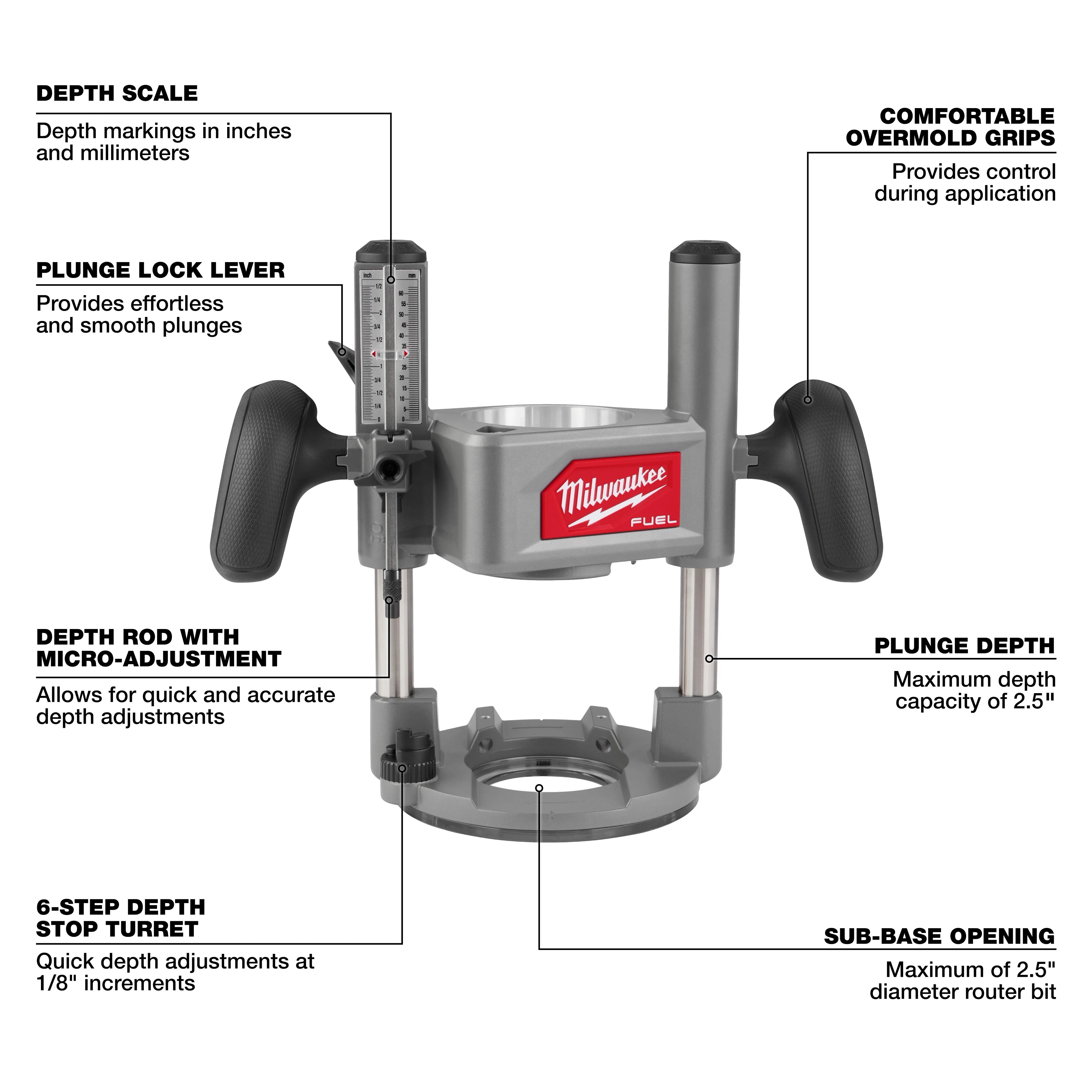 The Milwaukee M18 FUEL 1/2" Plunge Base features a depth scale, plunge lock lever, comfortable grips, micro-adjustment, depth stop turret, and sub-base opening.