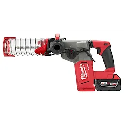 Milwaukee M18 Fuel SDS%2B%20DUST%20TRAP Drilling Shroud attached to a cordless rotary hammer drill with a black and red design.