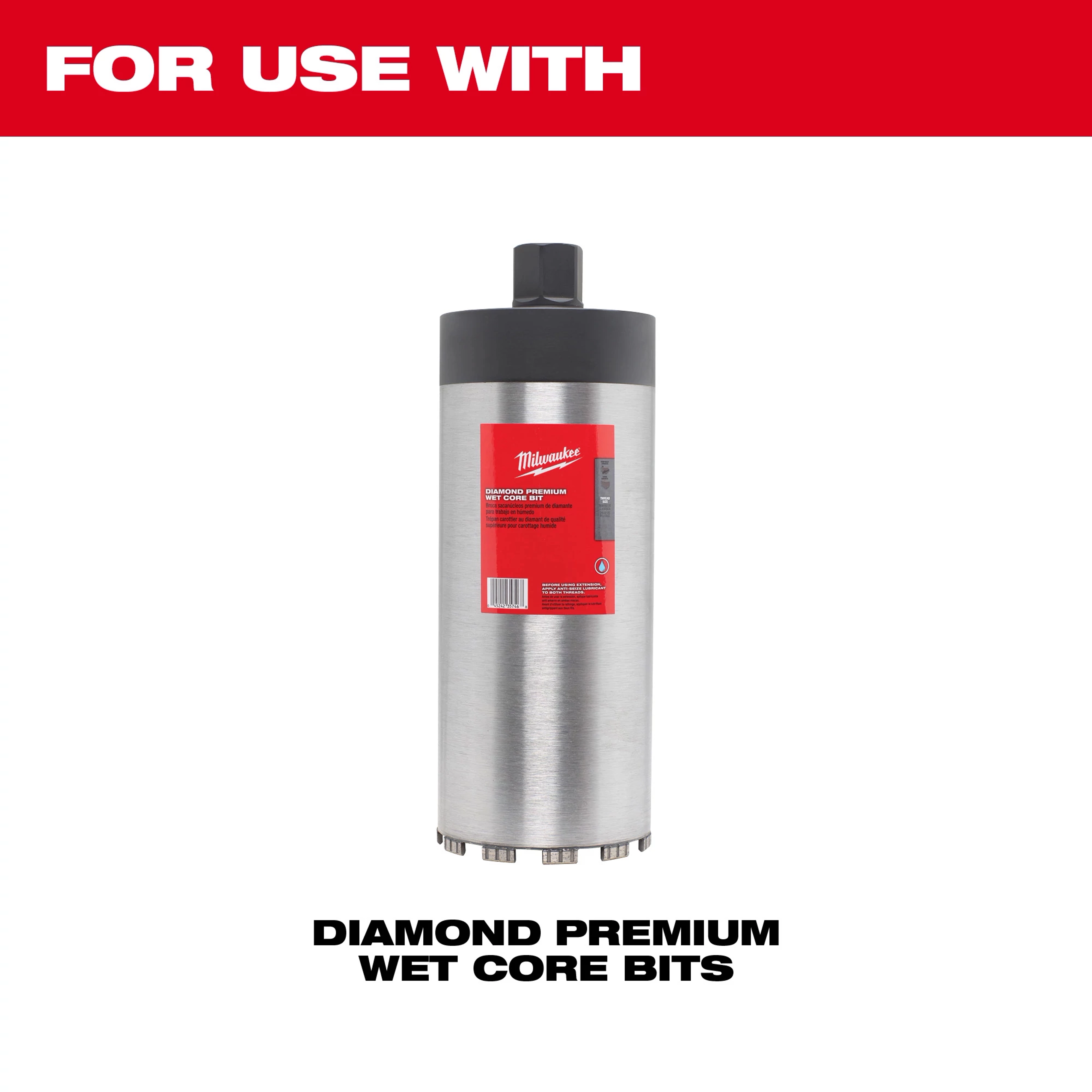 Diamond Premium Wet Core Bits are shown with a metallic cylindrical body, black top, and red label, suitable for heavy-duty drilling.