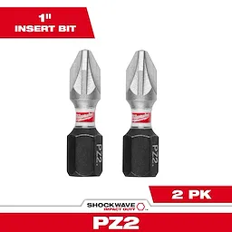 Image of two Milwaukee Shockwave Impact Duty PZ2 1-inch insert bits in a 2 pack. The bits are designed for use with impact drivers and have a distinct red and white logo on them.