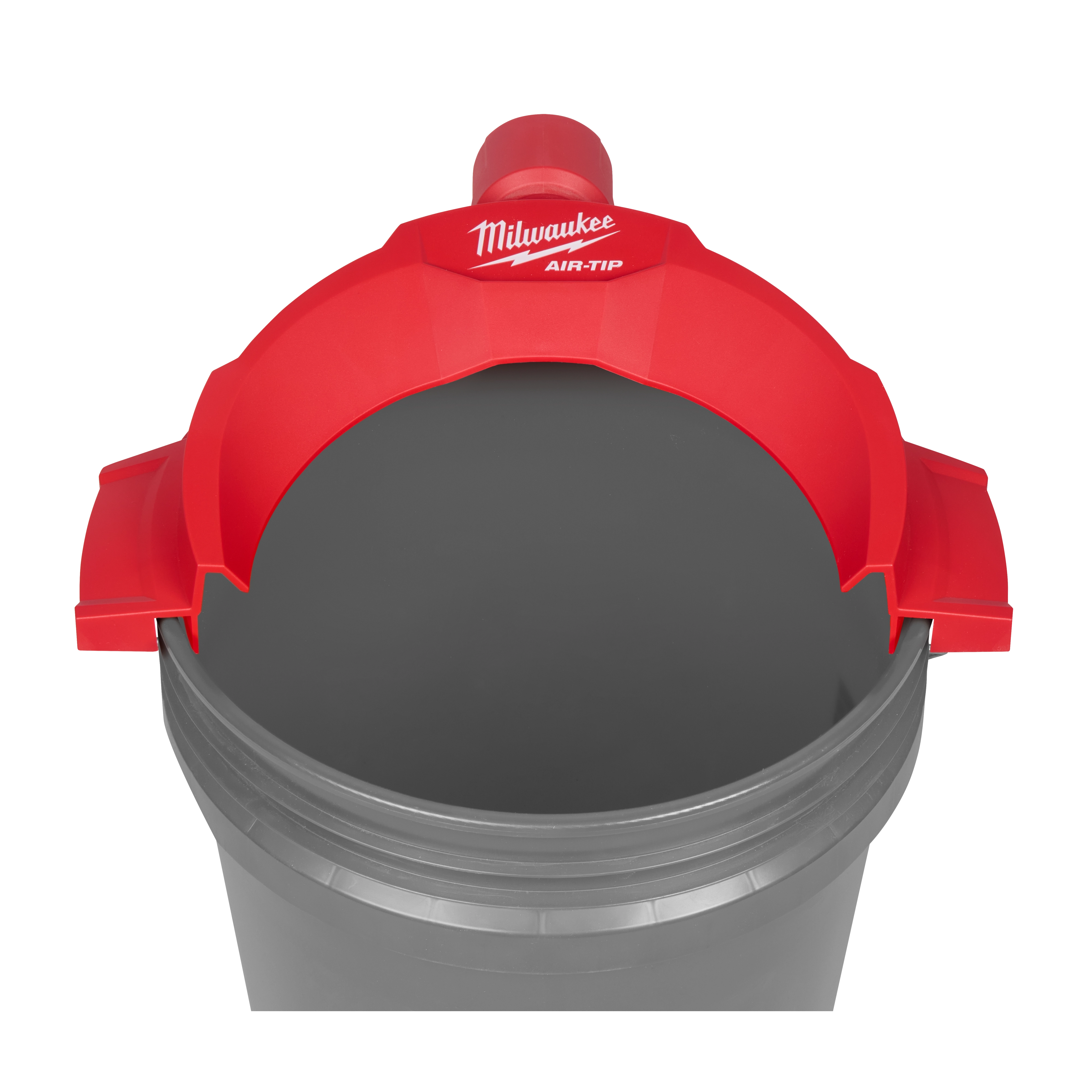 AIR-TIP Bucket Topper Dust Collector in red and gray, designed to fit over the opening of a standard cylindrical bucket.