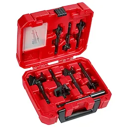 Contractor's Selfeed Bit Kit (7 PC) in a red plastic case with black foam inserts, containing seven self-feeding drill bits and accessories.