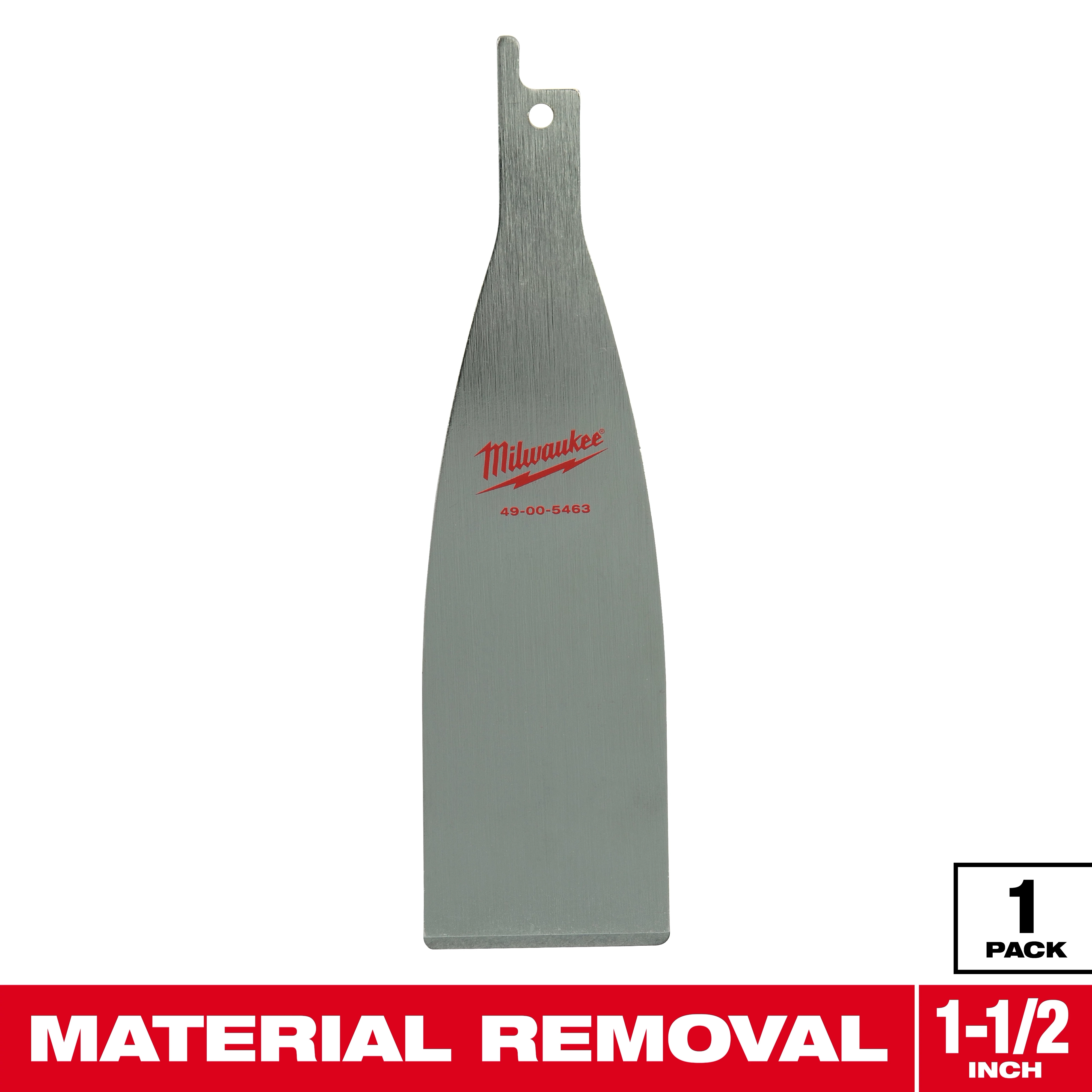 Milwaukee material removal blade, 1-1/2 inch wide, features a flat, elongated design. The blade is primarily silver with a red Milwaukee logo and product number 49-00-5463. Packaging indicates one blade per pack.
