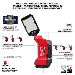 Milwaukee M12™ ROVER™ Multi-Directional Flood Light w/ PACKOUT™ Compatibility features adjustable light head, 1200 lumens output, and 3 light modes. Includes USB-C 3.0A charging, multi-material mounting options, and PACKOUT™ twist-to-lock connectivity. Ideal for jobsite transport and secure mounting.