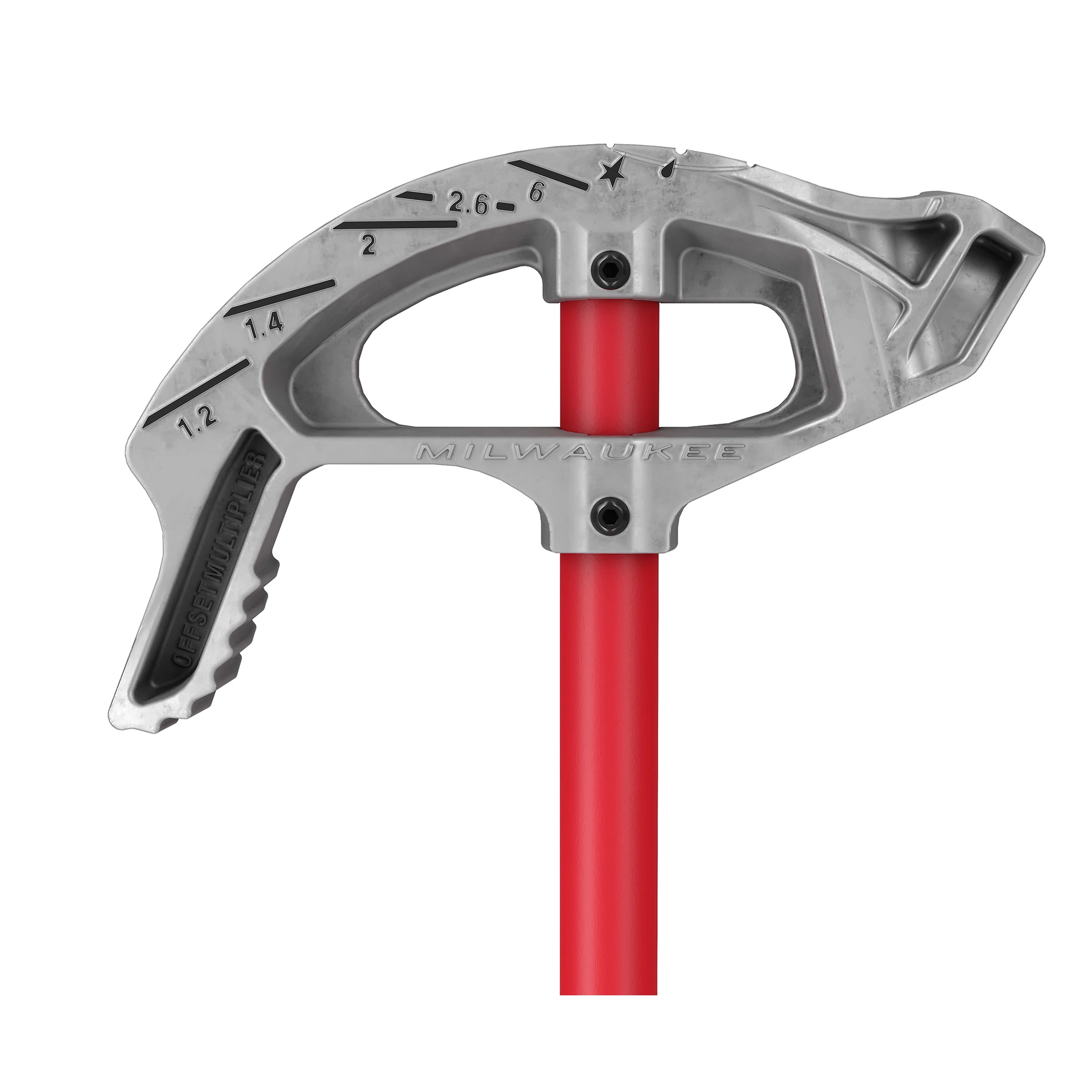 Offset Jobsite Scissors with a red handle and a silver head, featuring measurement markings and the Milwaukee logo.