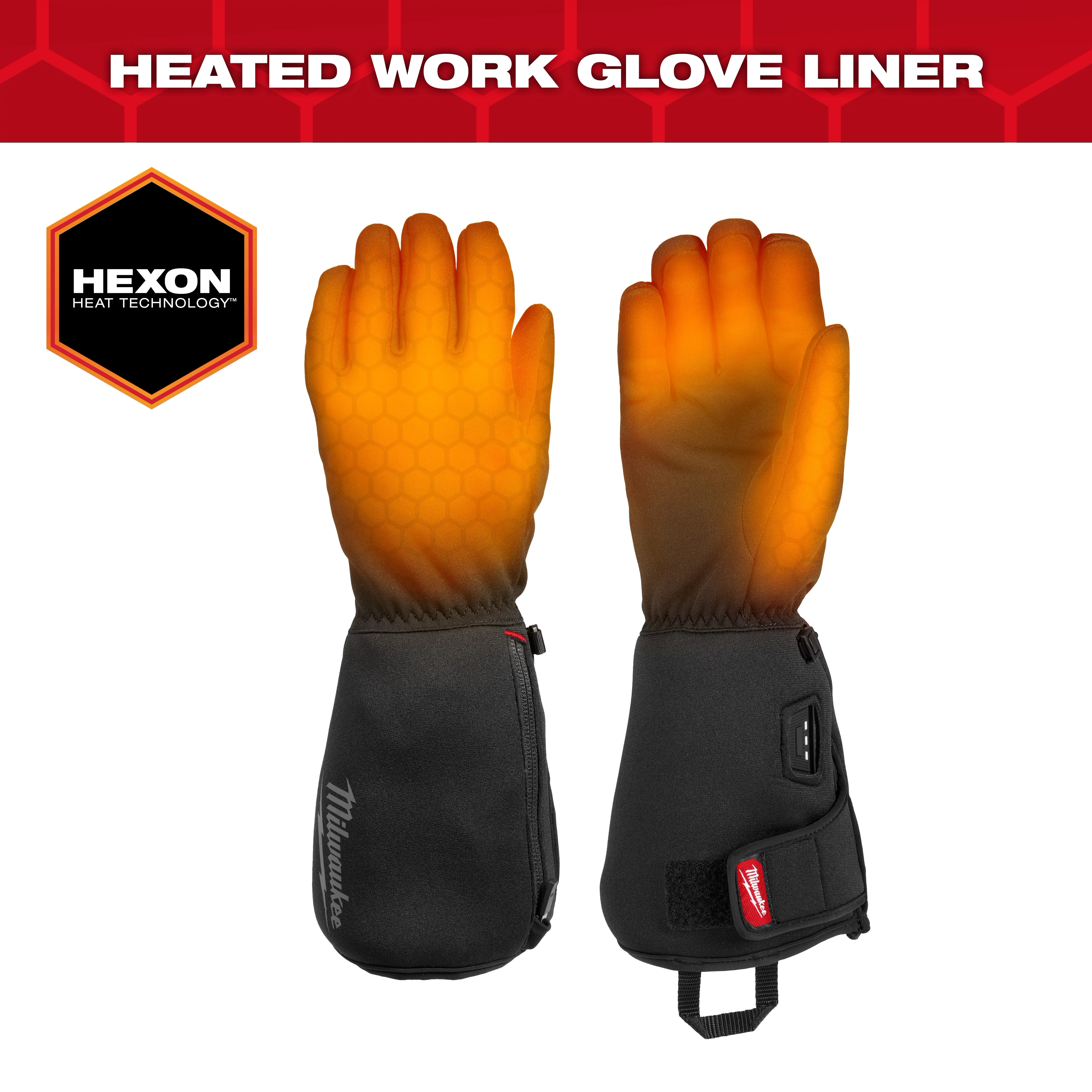 Heated Work Glove Liners with Hexon Heat Technology are black, extend past the wrist, and feature an orange heating pattern on the hand.