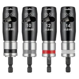 The 4PC Solid Wire Stripper Set features four wire strippers labeled for 8, 10, 12, and 14 solid AWG. The tools are black with metallic silver ends, and the 12 AWG stripper has a red band for easy identification.