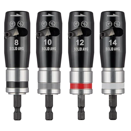 The 4PC Solid Wire Stripper Set features four wire strippers labeled for 8, 10, 12, and 14 solid AWG. The tools are black with metallic silver ends, and the 12 AWG stripper has a red band for easy identification.