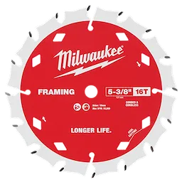 5-3/8" 16T Framing Circular Saw Blade with sharp teeth and printed text on the flat round surface.