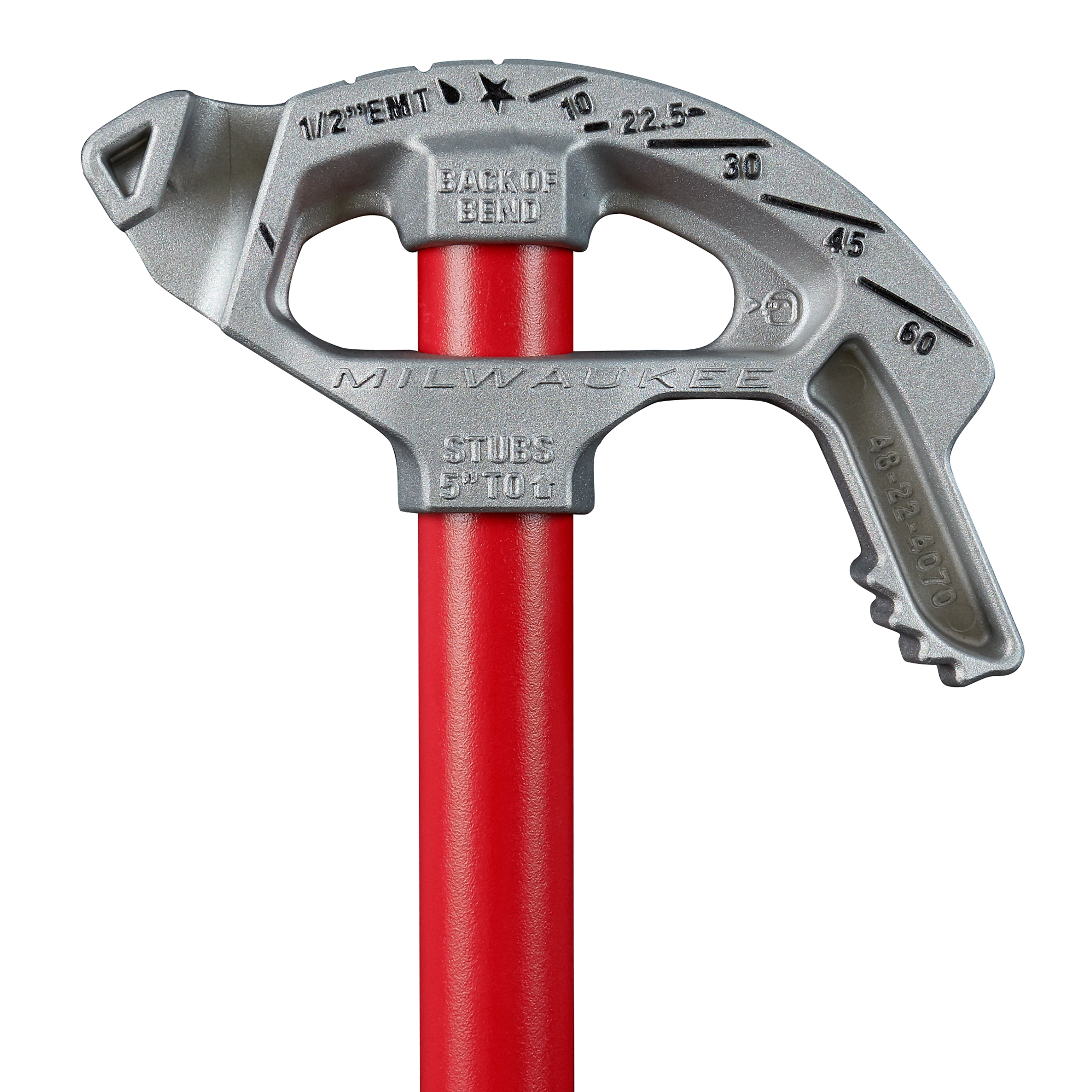 1/2" EMT Aluminum Conduit Bender with a red handle, marked with various angle measurements from 10 to 60 degrees.