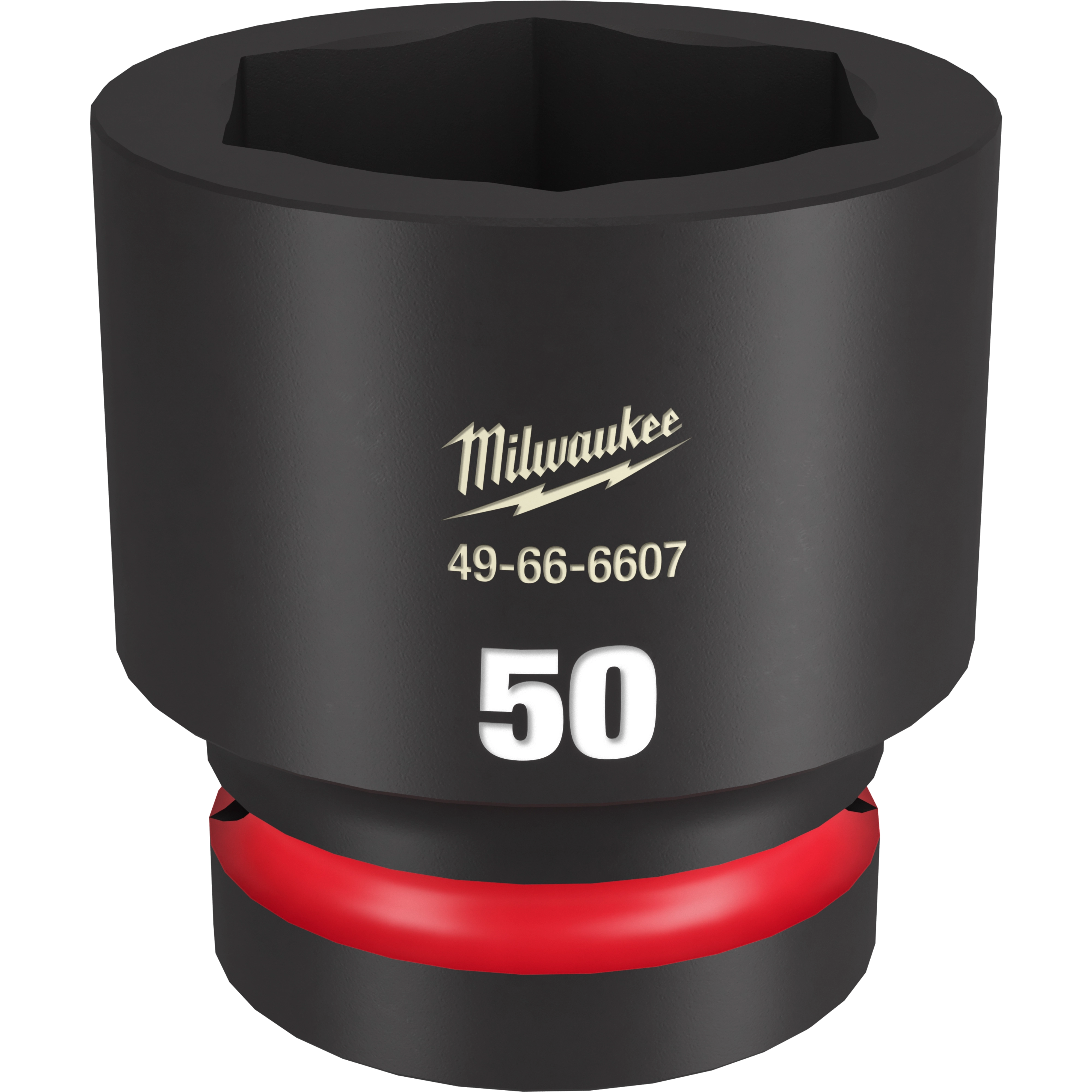 1%22 DR 50MM STD IMPACT SOCKET is a black socket tool with a hexagonal opening, inscribed with "50" and "49-66-6607," featuring a red band.