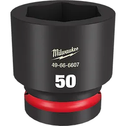 1%22 DR 50MM STD IMPACT SOCKET is a black socket tool with a hexagonal opening, inscribed with "50" and "49-66-6607," featuring a red band.