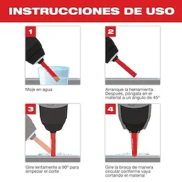 Instrucciones%20Para%20Brocas%20Diamond%20Max usage instructions in Spanish. Shows steps for wetting, starting tool, cutting, and drilling.