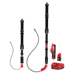 M12 TRAPSNAKE 2-Tool Combo Kit includes two augers, a cordless driver, battery, and charger, all in black and red.