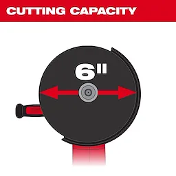 6" Tuckpointing Dust Shroud with a cutting capacity of 4-1/2" to 6" highlighted by red arrows. Handle attached on the left side.