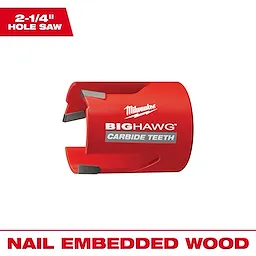 2-1/4" BIG HAWG with Carbide Teeth, a red hole saw designed for cutting through nail-embedded wood, featuring durable carbide teeth.