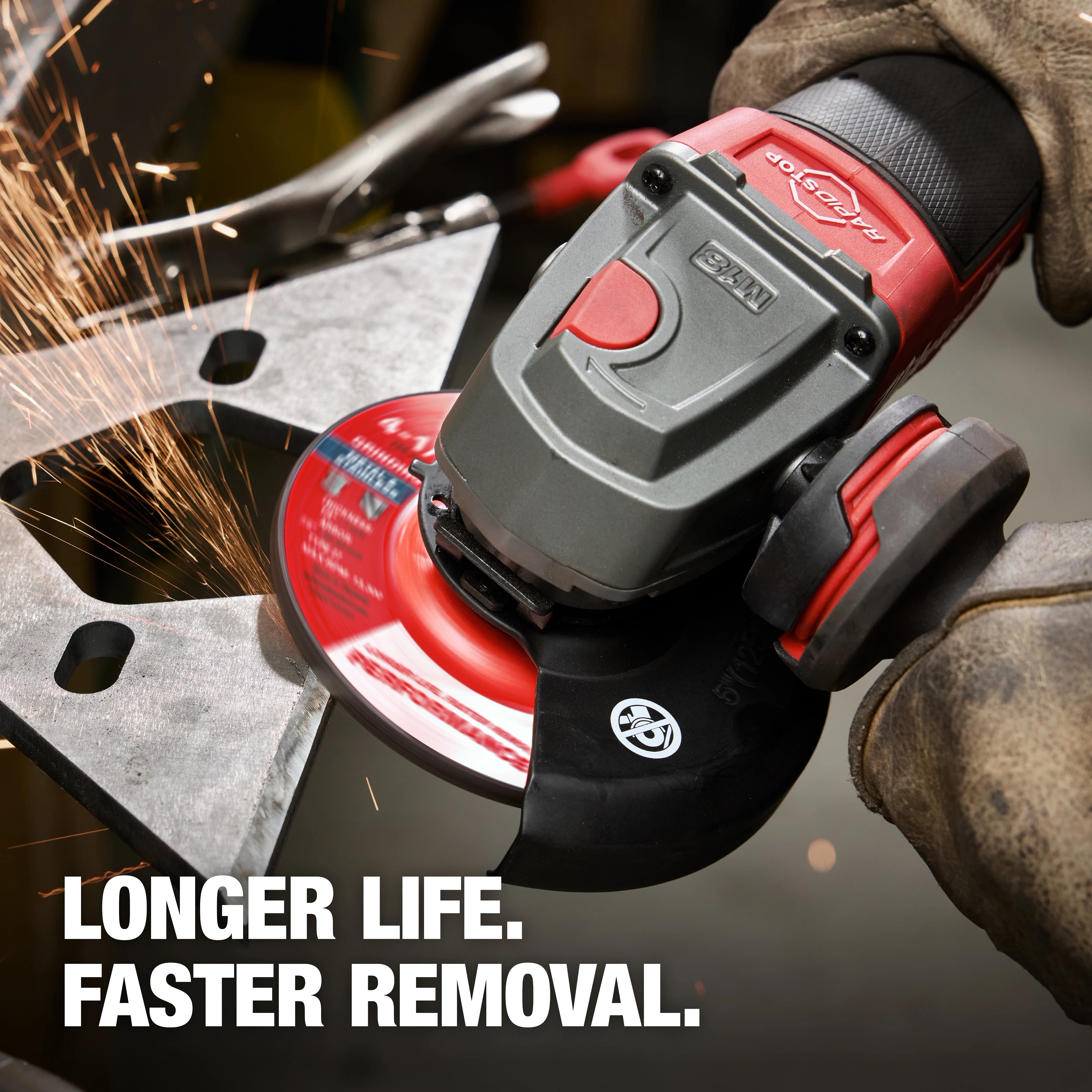 Angle grinder with Bonded Abrasives Metal disc grinding a metal piece, emitting sparks. Text overlay reads "LONGER LIFE. FASTER REMOVAL."