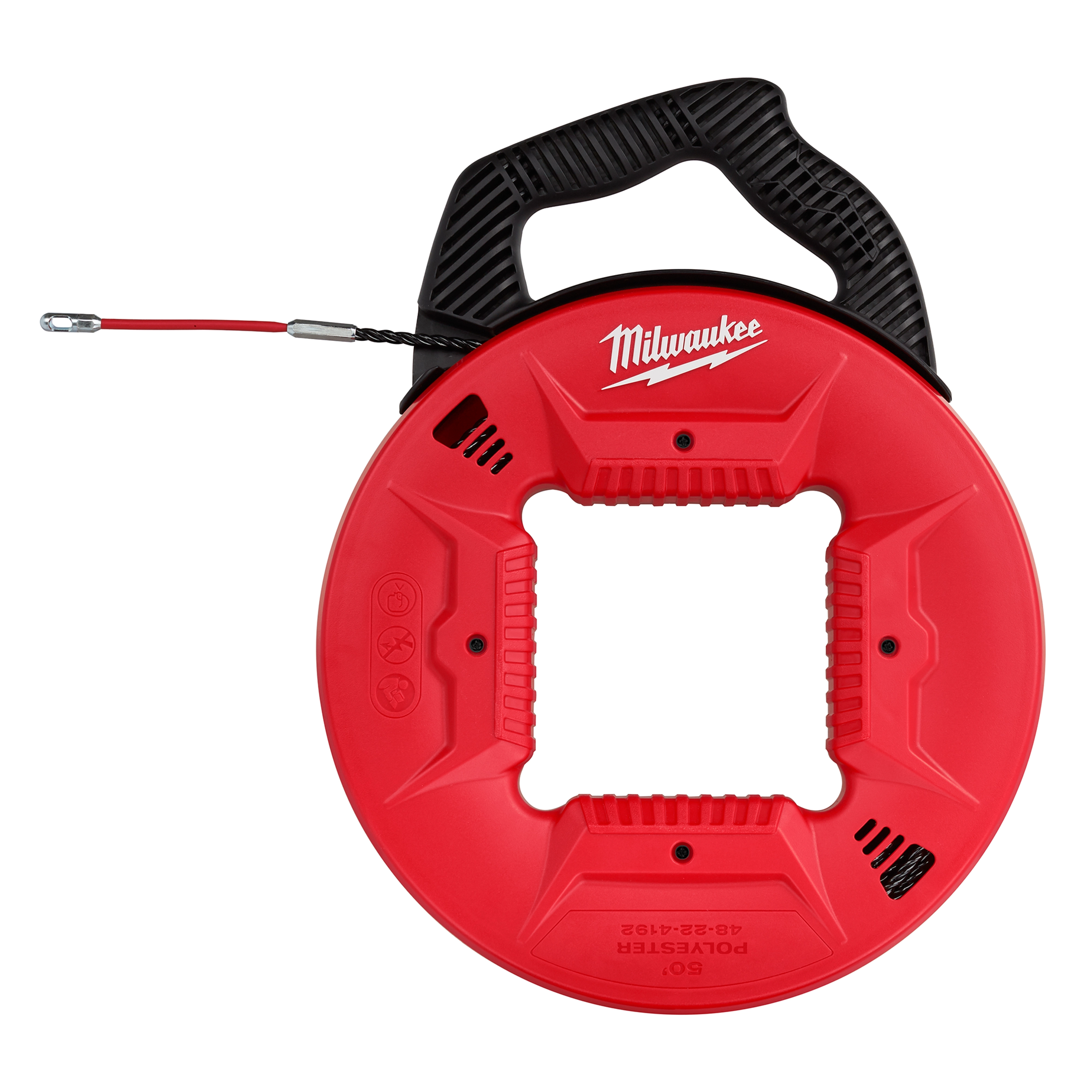Red Milwaukee 50-foot polyester fish tape with a flexible leader, featuring a black handle and visible metal leader end.