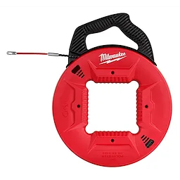 Red Milwaukee 50-foot polyester fish tape with a flexible leader, featuring a black handle and visible metal leader end.