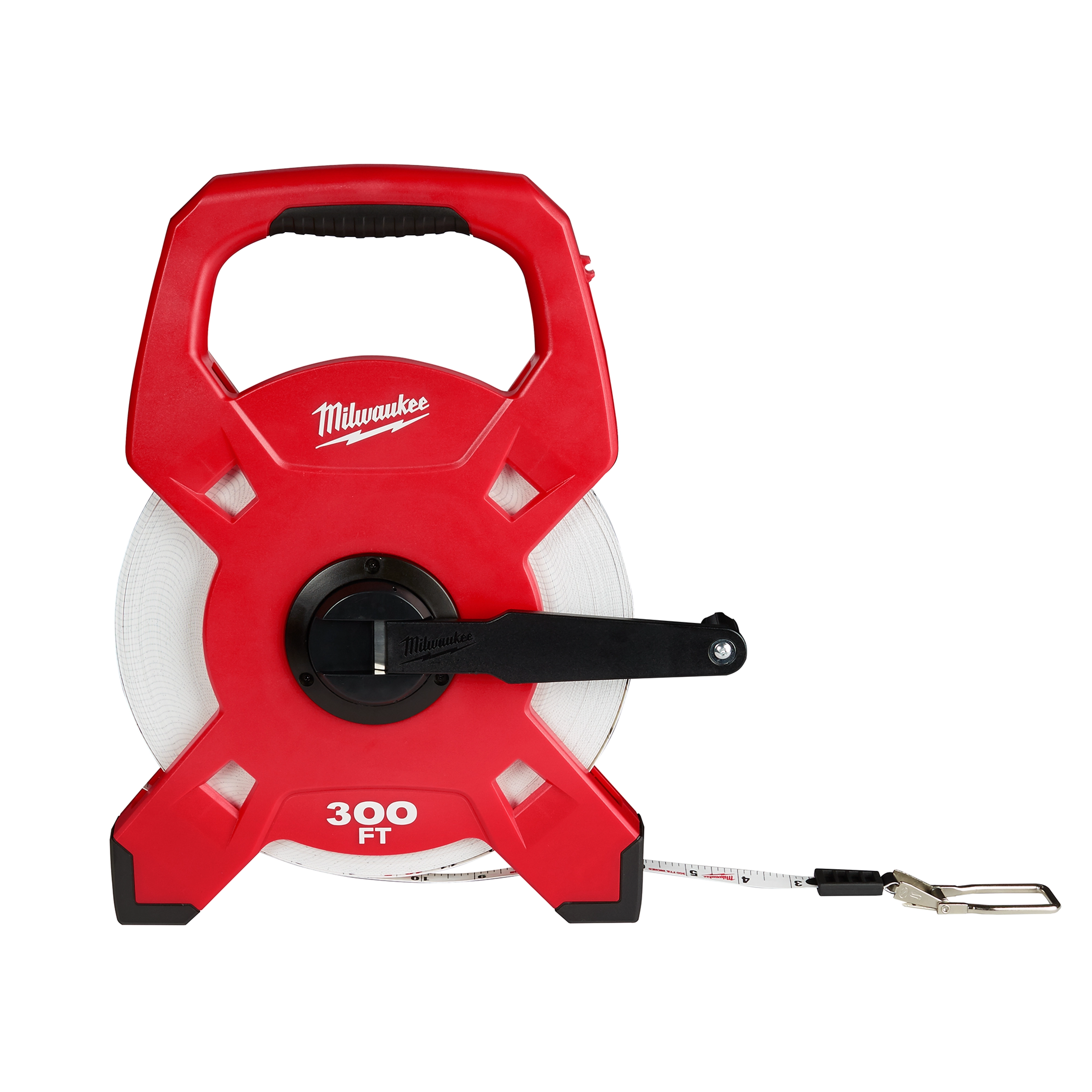 Red 300ft Fiberglass Long Tape in a plastic housing with a handle, crank, and metal clip at the tape's end.