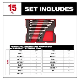 15pc. SAE Ratcheting Combination Wrench Set with Tray for PACKOUT™ Drawers includes 15 wrenches in sizes ranging from 1/4" to 1". Each size appears once in the set, which is organized in a red and black tray with labeled slots for easy storage and identification.
