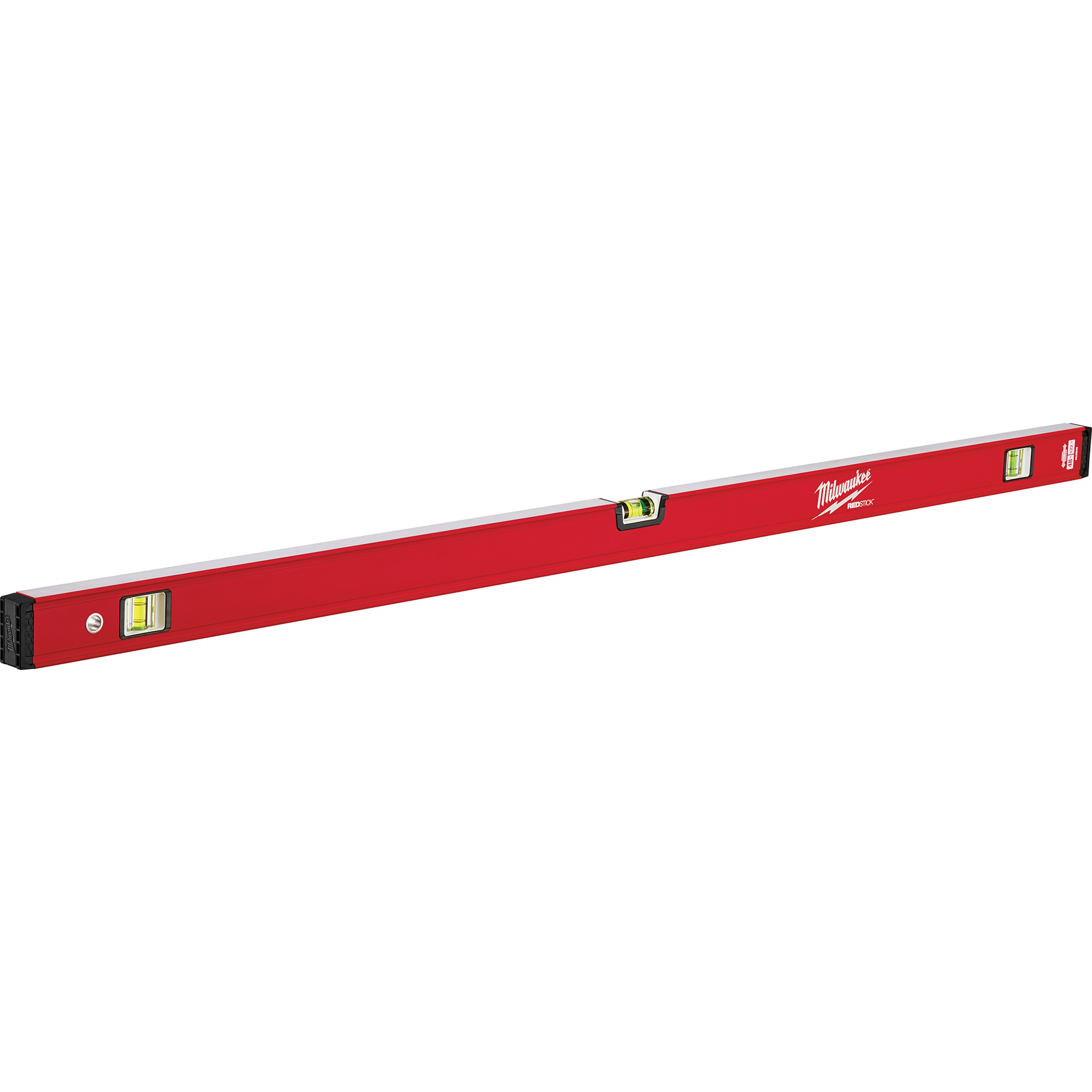 Redstick Level, a red rectangular spirit level with three vials and black end caps. Features a middle label with a white logo.