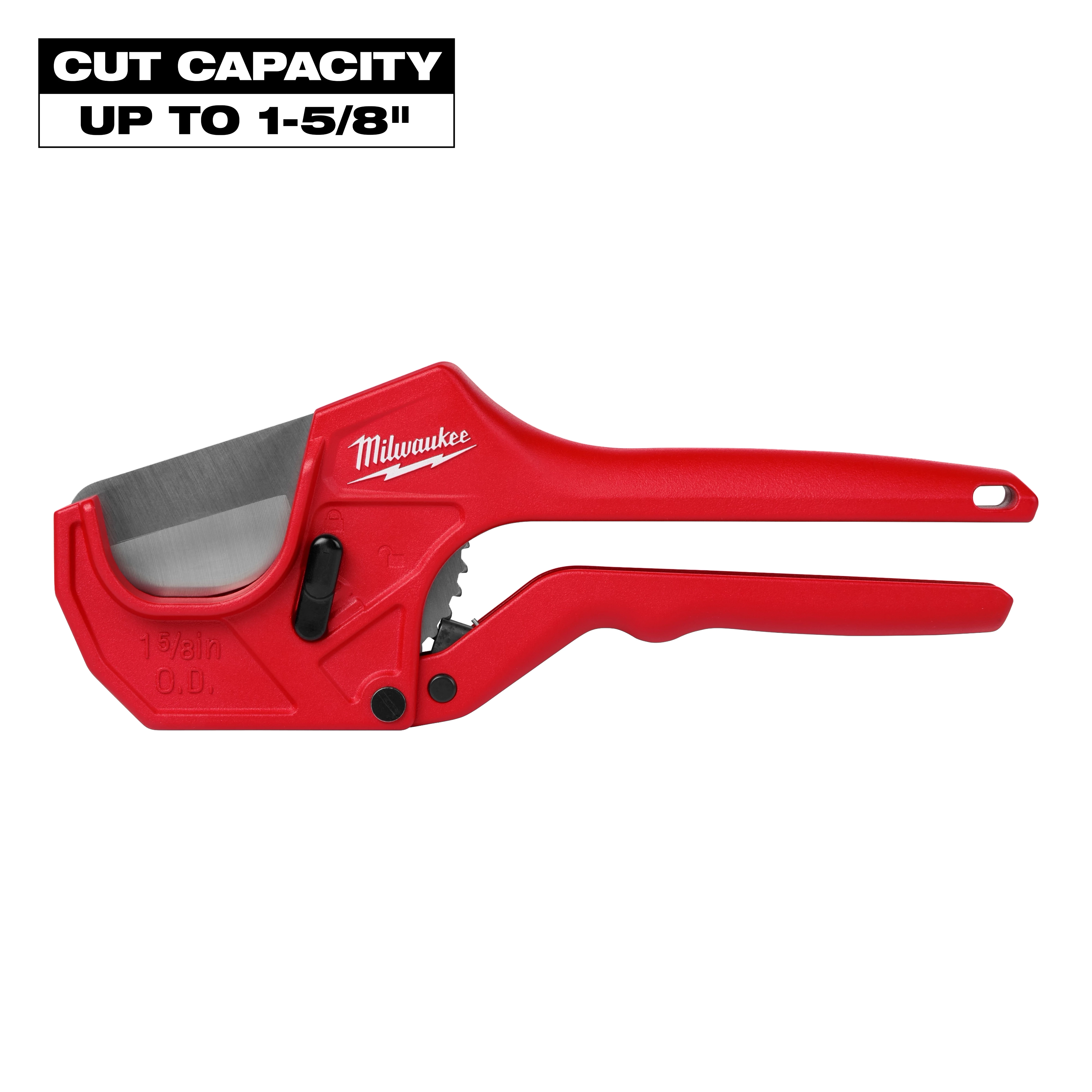 1-5/8" (one and five-eighths inch) ratcheting pipe cutter with a sharp blade, capable of cutting up to 1-5/8" pipes.