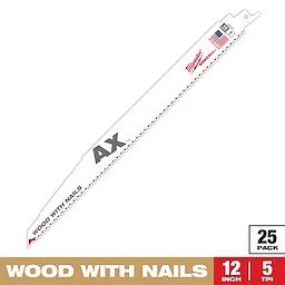 The Sawzall Bi-Metal Carbide woodcutting blade is designed for wood with nails. It has AX branding, measures 12 inches and has 5 teeth per inch. It is sold in a 25-pack, is made in the USA, and features red and white coloring with highlighted specifications.