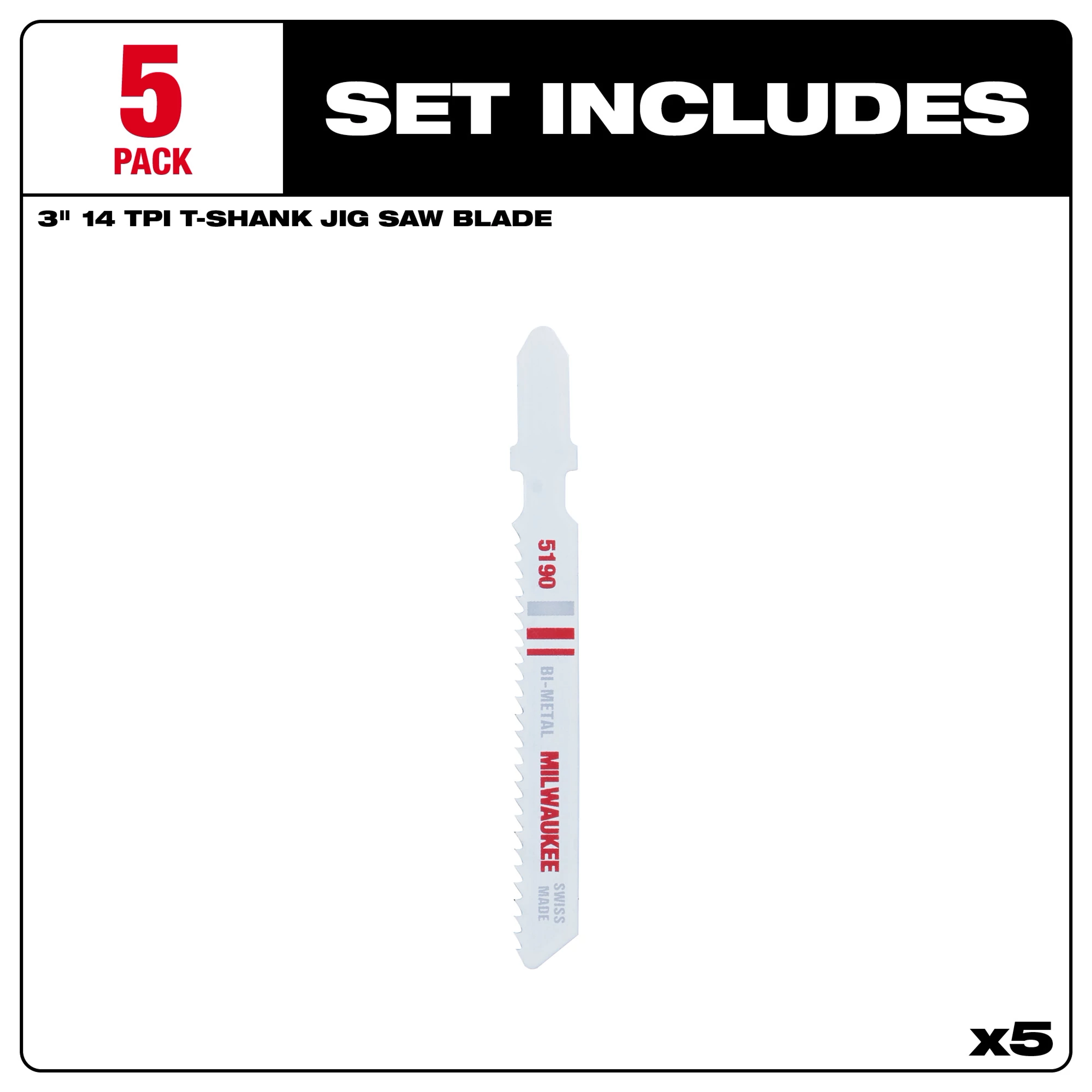 Five-pack of 3-inch, 14 TPI, T-shank, bi-metal jig saw blades designed for cutting metal. Blades have a white background with red text.